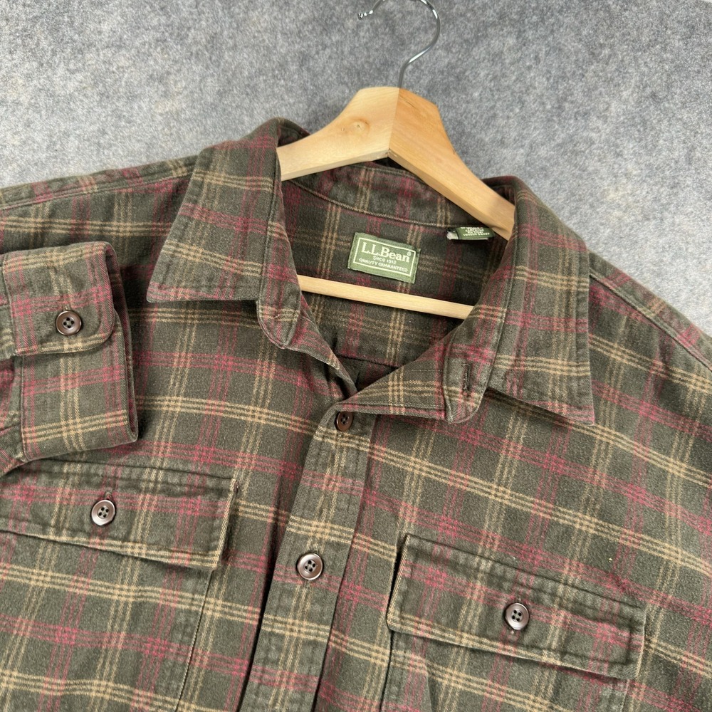 L.L.Bean Shirt Mens 2XLT Green Plaid‎ Cotton Flannel Long Sleeve Button USA